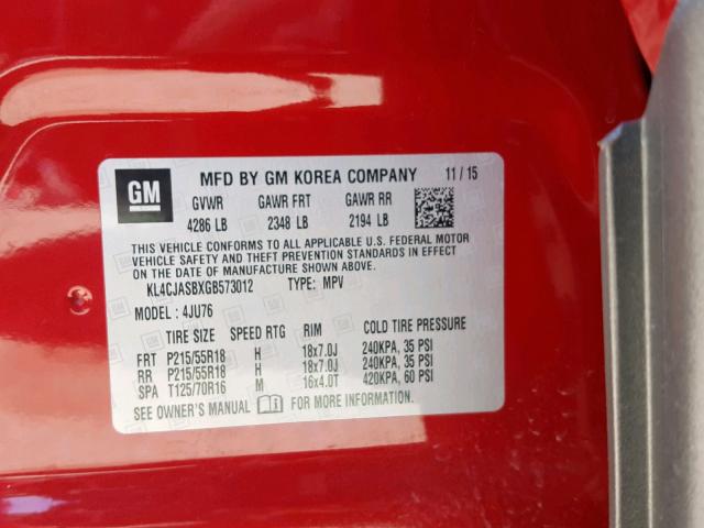 KL4CJASBXGB573012 - 2016 BUICK ENCORE RED photo 10