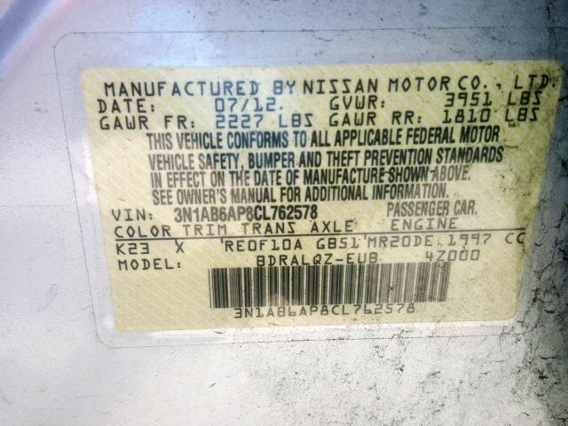 3N1AB6AP8CL762578 - 2012 NISSAN SENTRA 2.0 SILVER photo 10