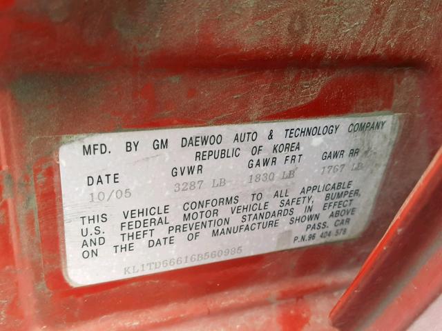 KL1TD66616B560985 - 2006 CHEVROLET AVEO BASE Qırmızı foto 10