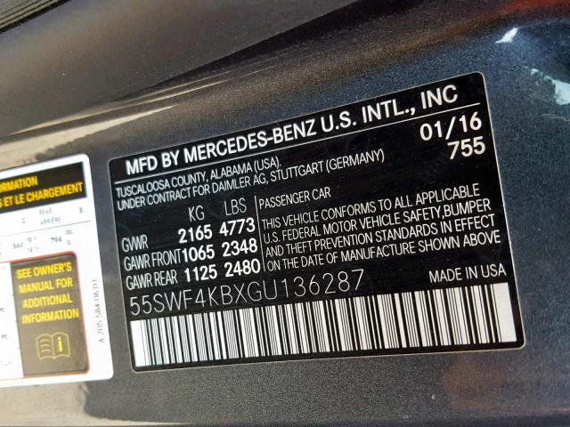 55SWF4KBXGU136287 - 2016 MERCEDES-BENZ C 300 4MAT GRAY photo 10