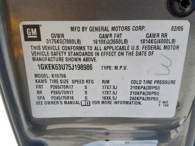 1GKEK63U75J198986 - 2005 GMC YUKON DENA GRAY photo 10