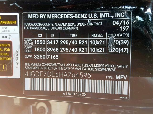 4JGDF7DE6HA764595 - 2017 MERCEDES-BENZ GLS 550 4M BLACK photo 10