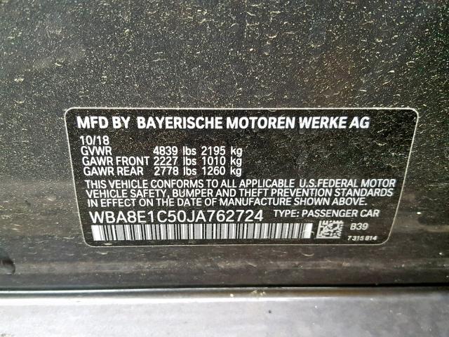 WBA8E1C50JA762724 - 2018 BMW 330E GRAY photo 10