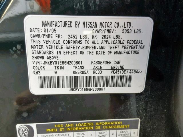 JNKBY01E86M200801 - 2006 INFINITI M45 BASE BLACK photo 10