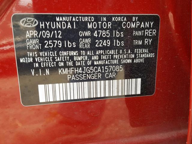 KMHFH4JG5CA157085 - 2012 HYUNDAI AZERA GLS RED photo 10