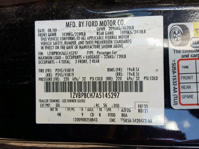 1ZVBP8CH7A5145297 - 2010 FORD MUSTANG GT BLACK photo 10