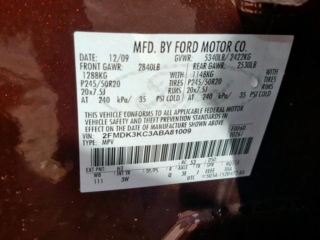 2FMDK3KC3ABA81009 - 2010 FORD EDGE LIMIT RED photo 10