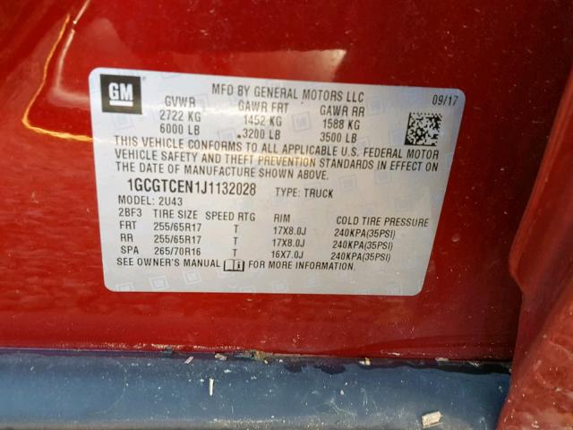 1GCGTCEN1J1132028 - 2018 CHEVROLET COLORADO L RED photo 10