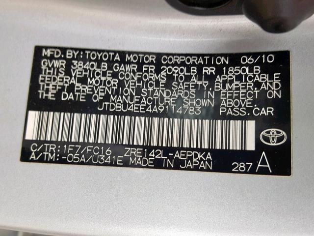 JTDBU4EE4A9114783 - 2010 TOYOTA COROLLA BA SILVER photo 10