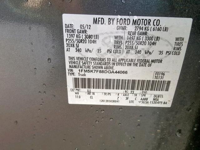 1FM5K7F88DGA44066 - 2013 FORD EXPLORER L GRAY photo 10