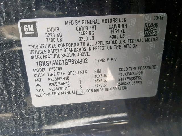 1GKS1AKC7GR324902 - 2016 GMC YUKON SLE BLACK photo 10