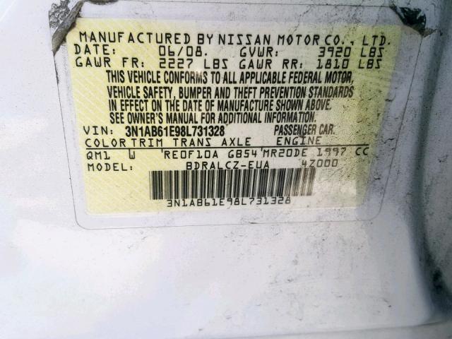 3N1AB61E98L731328 - 2008 NISSAN SENTRA 2.0 WHITE photo 10