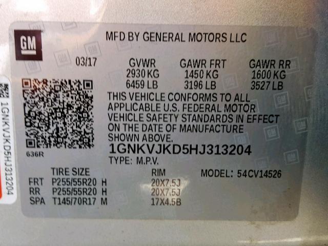 1GNKVJKD5HJ313204 - 2017 CHEVROLET TRAVERSE P SILVER photo 10