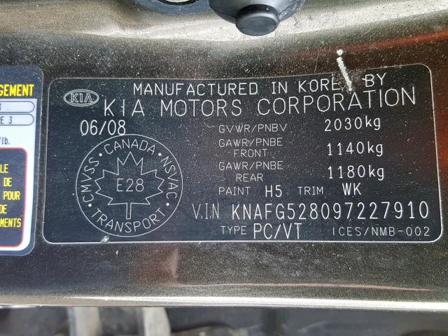 KNAFG528097227910 - 2009 KIA RONDO BASE GRAY photo 10