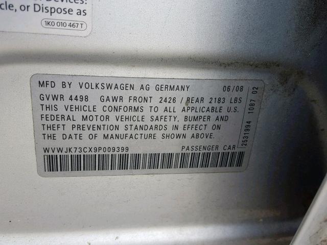 WVWJK73CX9P009399 - 2009 VOLKSWAGEN PASSAT TUR SILVER photo 10