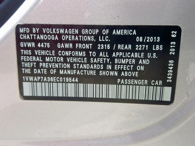 1VWAP7A36EC019544 - 2014 VOLKSWAGEN PASSAT S SILVER photo 10