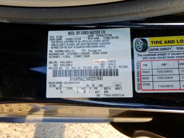 3FAHP06Z58R221941 - 2008 FORD FUSION S  photo 10