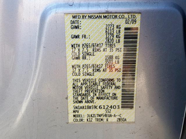 5N1AR18B59C612403 - 2009 NISSAN PATHFINDER SILVER photo 10