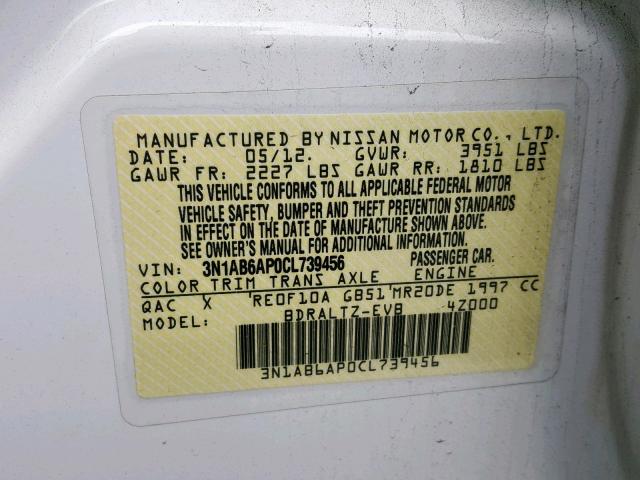 3N1AB6AP0CL739456 - 2012 NISSAN SENTRA 2.0 WHITE photo 10