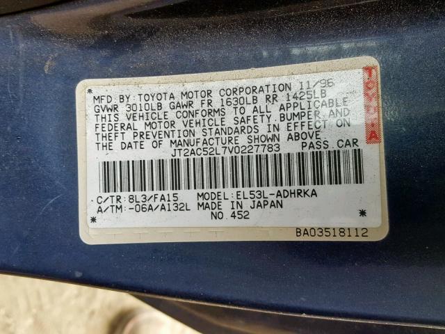 JT2AC52L7V0227783 - 1997 TOYOTA TERCEL CE BLUE photo 10