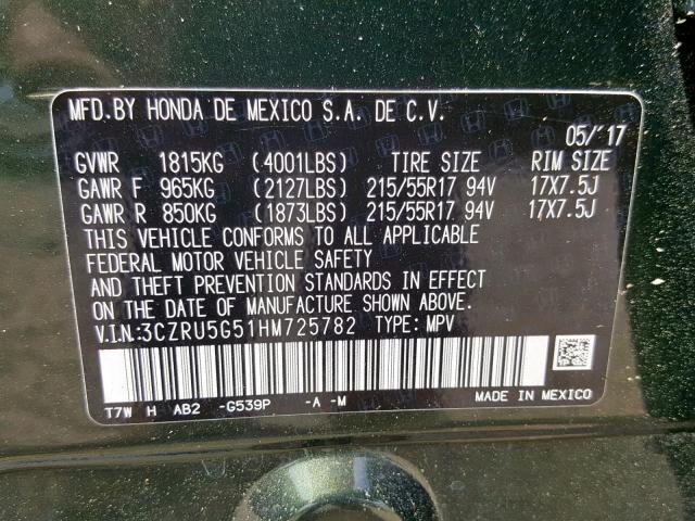 3CZRU5G51HM725782 - 2017 HONDA HR-V EX GREEN photo 10