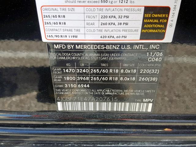 4JGBF71E47A207615 - 2007 MERCEDES-BENZ GL 450 4MA BLACK photo 10