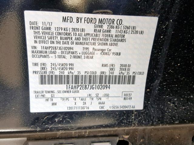 1FAHP2E87JG102094 - 2018 FORD TAURUS SEL BLACK photo 10