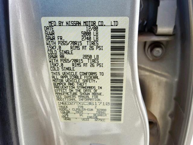 1N6ED27TX1C361710 - 2001 NISSAN FRONTIER C SILVER photo 10