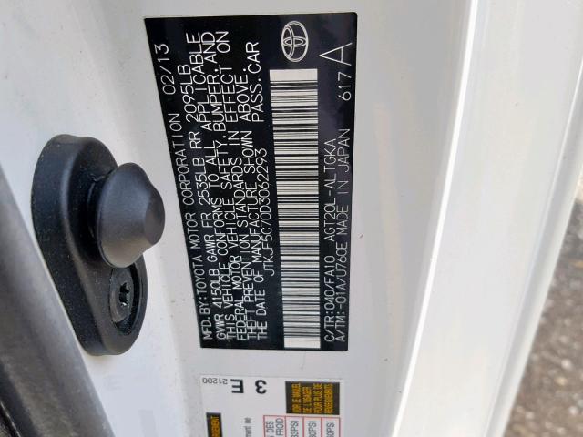 JTKJF5C70D3062293 - 2013 TOYOTA SCION TC თეთრი ფოტო 10