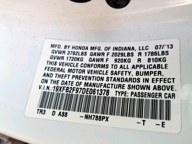 19XFB2F97DE061378 - 2013 HONDA CIVIC EXL 白色 照片 10