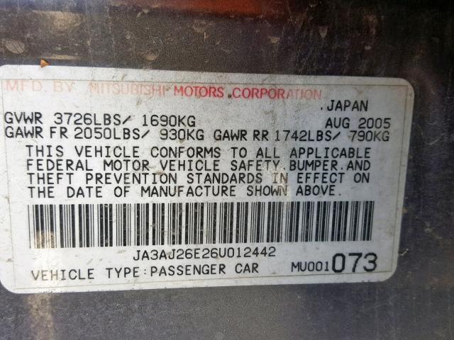 JA3AJ26E26U012442 - 2006 MITSUBISHI LANCER ES GRAY photo 10