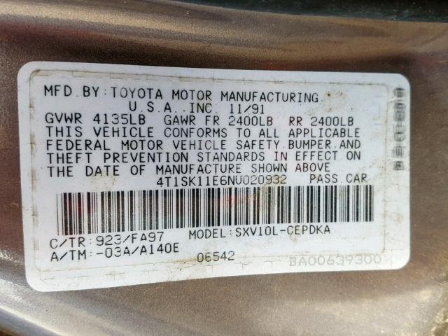 4T1SK11E6NU020932 - 1992 TOYOTA CAMRY DLX ნაცრისფერი ფოტო 10