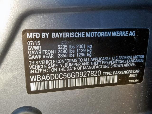 WBA6D0C56GD927820 - 2016 BMW 640 I GRAY photo 10