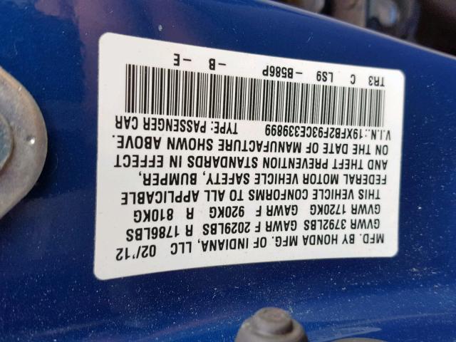 19XFB2F93CE339899 - 2012 HONDA CIVIC EXL BLUE photo 10