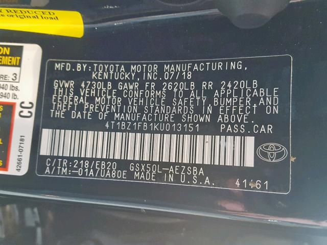 4T1BZ1FB1KU013151 - 2019 TOYOTA AVALON XLE BLACK photo 10