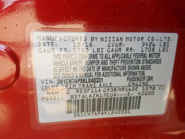 3N1CN7AP8KL840331 - 2019 NISSAN VERSA S RED photo 10