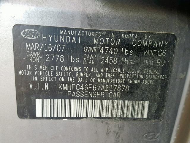 KMHFC46F67A217878 - 2007 HYUNDAI AZERA SILVER photo 10