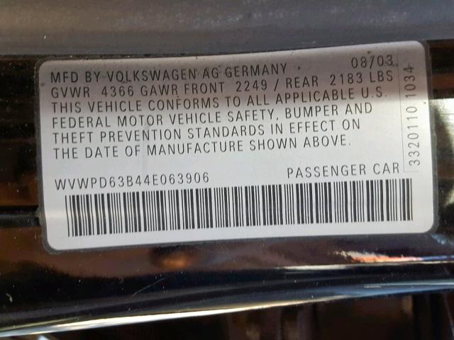 WVWPD63B44E063906 - 2004 VOLKSWAGEN PASSAT GLS BLACK photo 10