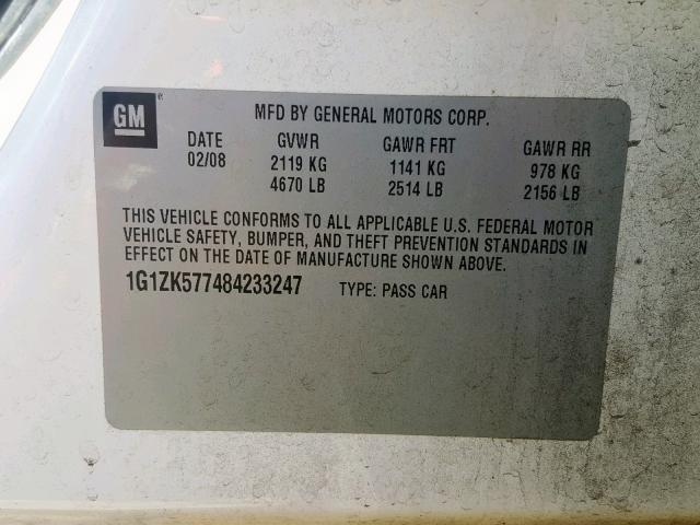 1G1ZK577484233247 - 2008 CHEVROLET MALIBU LTZ 白色 照片 10