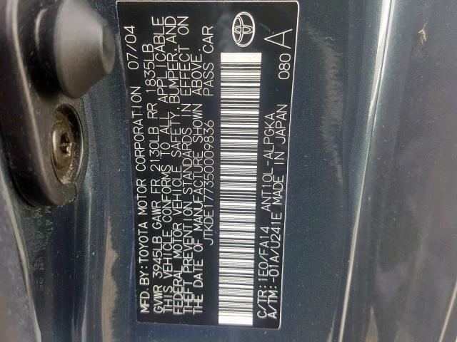 JTKDE177350009836 - 2005 TOYOTA SCION TC GRAY photo 10