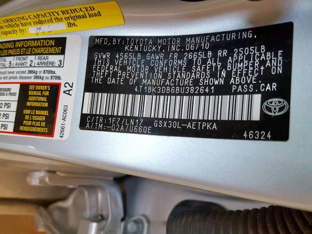 4T1BK3DB6BU382641 - 2011 TOYOTA AVALON BAS GRAY photo 10