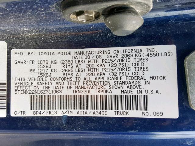 5TENX22N16Z311063 - 2006 TOYOTA TACOMA BLUE photo 10