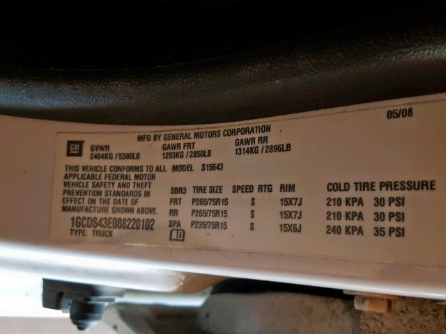 1GCDS43E088220102 - 2008 CHEVROLET COLORADO L WHITE photo 10