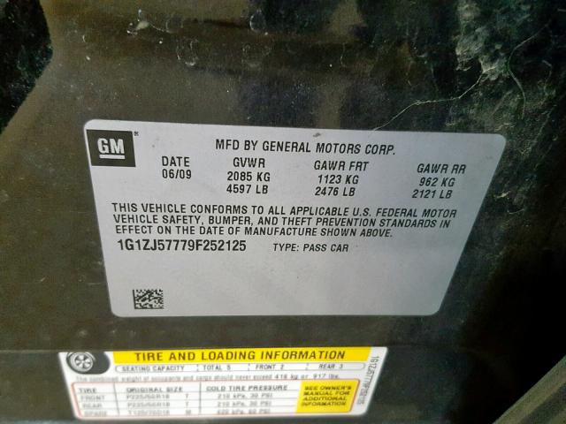 1G1ZJ57779F252125 - 2009 CHEVROLET MALIBU 2LT BLACK photo 10