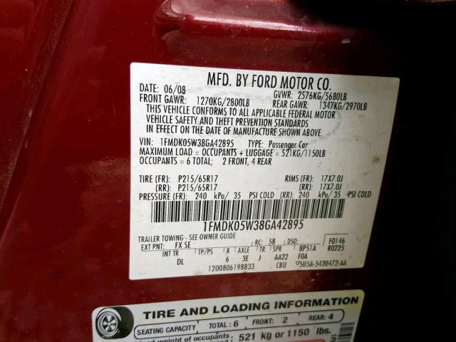 1FMDK05W38GA42895 - 2008 FORD TAURUS X S MAROON photo 10