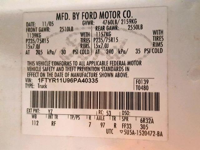 1FTYR11U96PA40335 - 2006 FORD RANGER WHITE photo 10