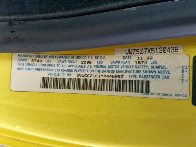 3VWCC21C1YM445992 - 2000 VOLKSWAGEN NEW BEETLE ყვითელი ფოტო 10