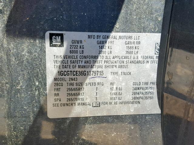 1GCGTCE36G1379715 - 2016 CHEVROLET COLORADO L GRAY photo 10