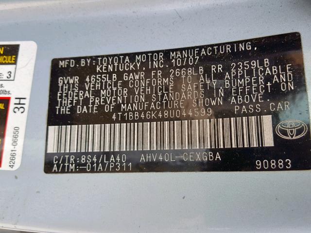 4T1BB46K48U044599 - 2008 TOYOTA CAMRY HYBR BLUE photo 10