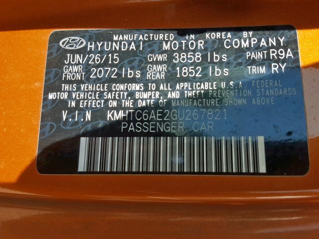 KMHTC6AE2GU267821 - 2016 HYUNDAI VELOSTER T ORANGE photo 10